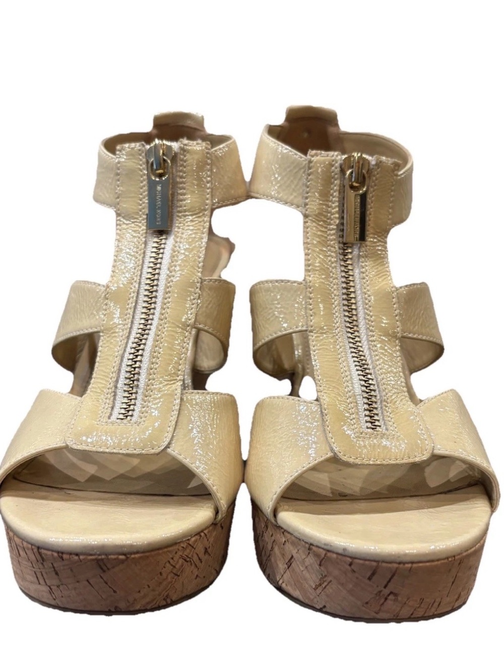 Michael Kors Patent Leather Cream Cork Platform Sandals with Front Zipper
